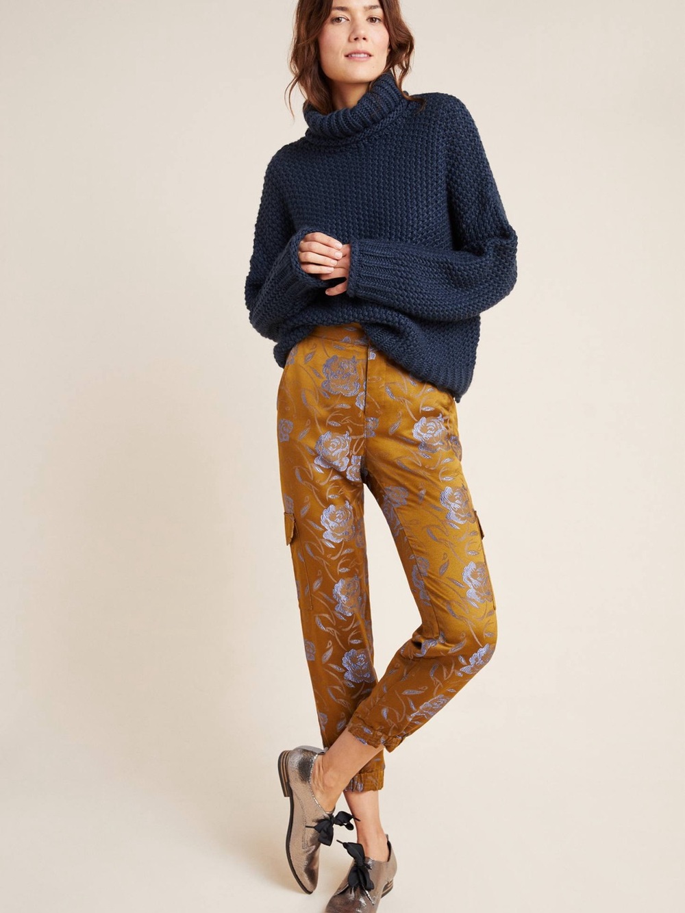 Anthropologie Women’s XS Floral Jacquard Pull-On Pants Gold Mustard Brown